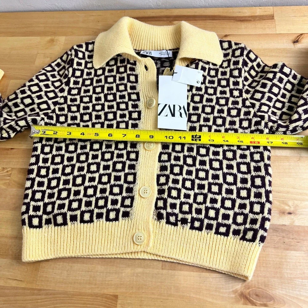 Zara‎ Cardigan Sweater Geometric Collared Size Small Yellow NEW Retro Wool Blend